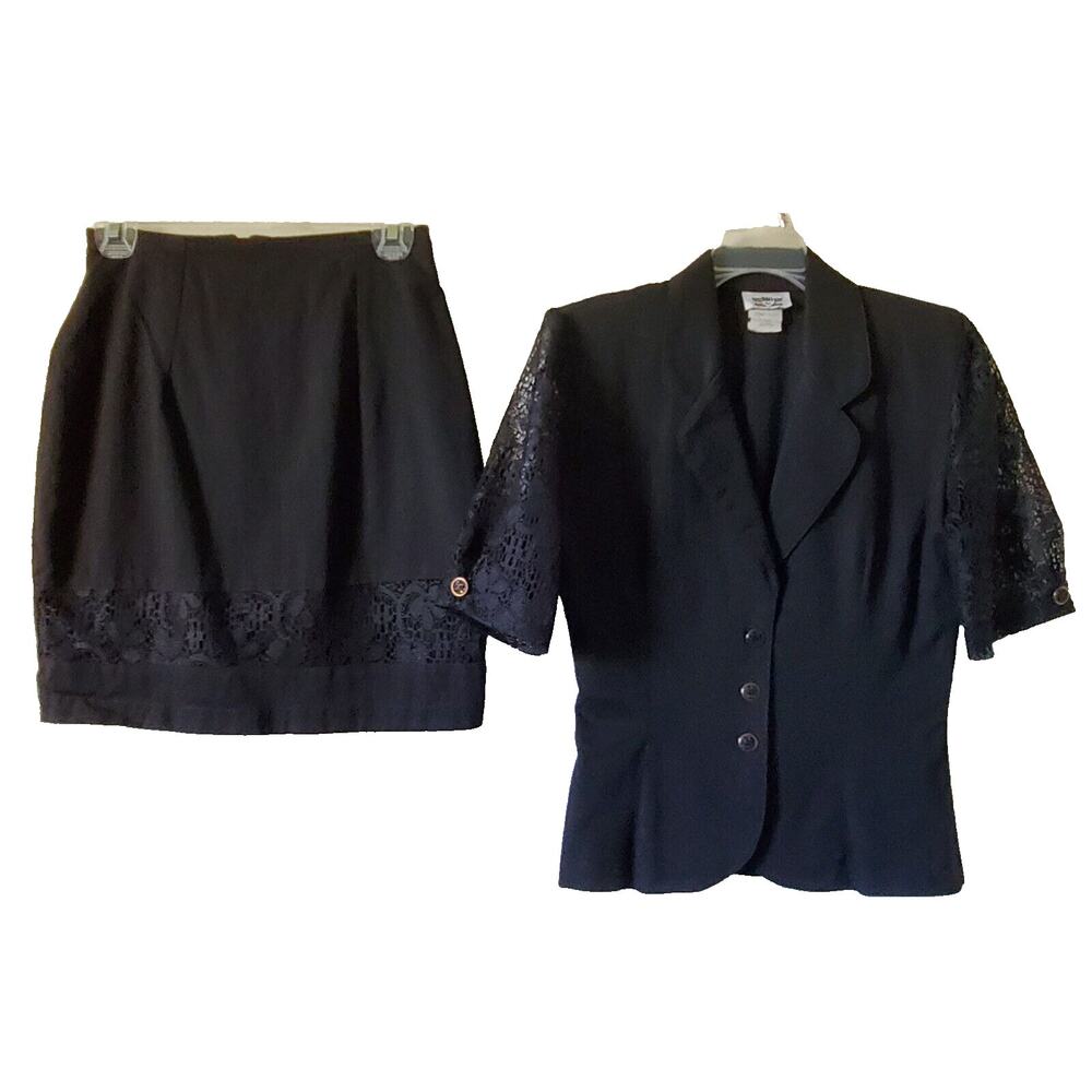 Vintage Rio Inc Skirt Jacket Set Womens M Black Denim Twill Lace Button Mini 80s